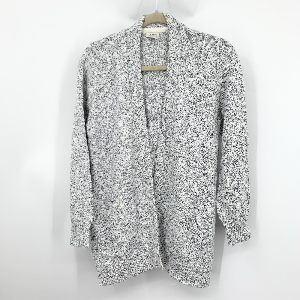 LL Bean Women Size Medium Petite MP Sweater Blue White Cotton Knit Long Cardigan
